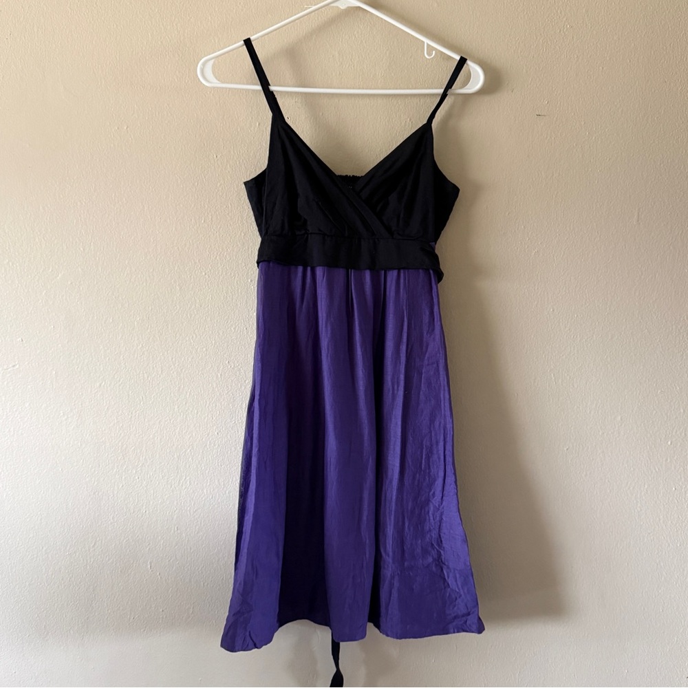 Y2K The Limited Purple Black Silk Cotton Faux Wrap Empire Waist Dress Size 0